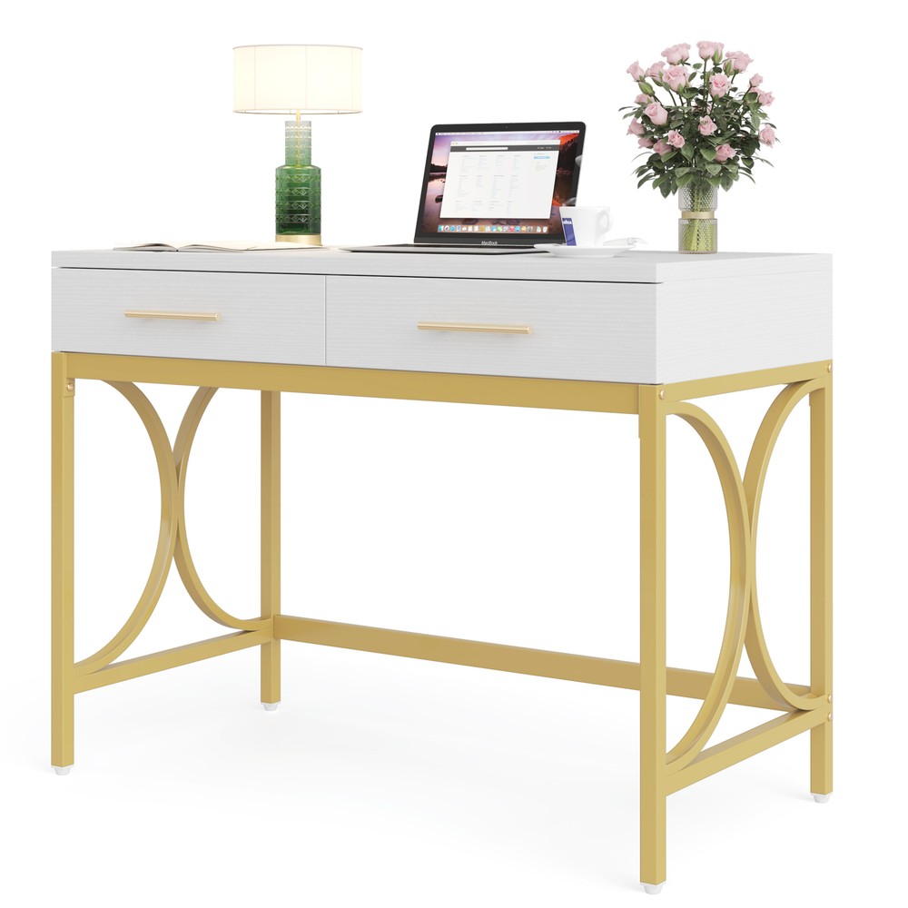 41" White Computer Desk with 2 Drawers, Modern Study Writing Desk with Storage