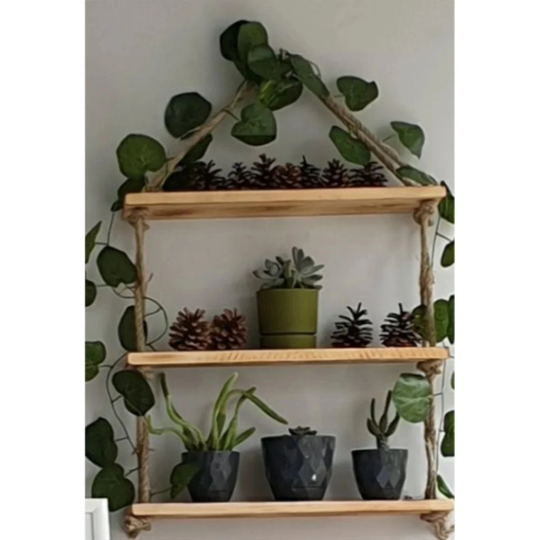 Hanging 3 Tier Rope Wall Window Planter Floating Shelves, Wood Bathroom Shelves