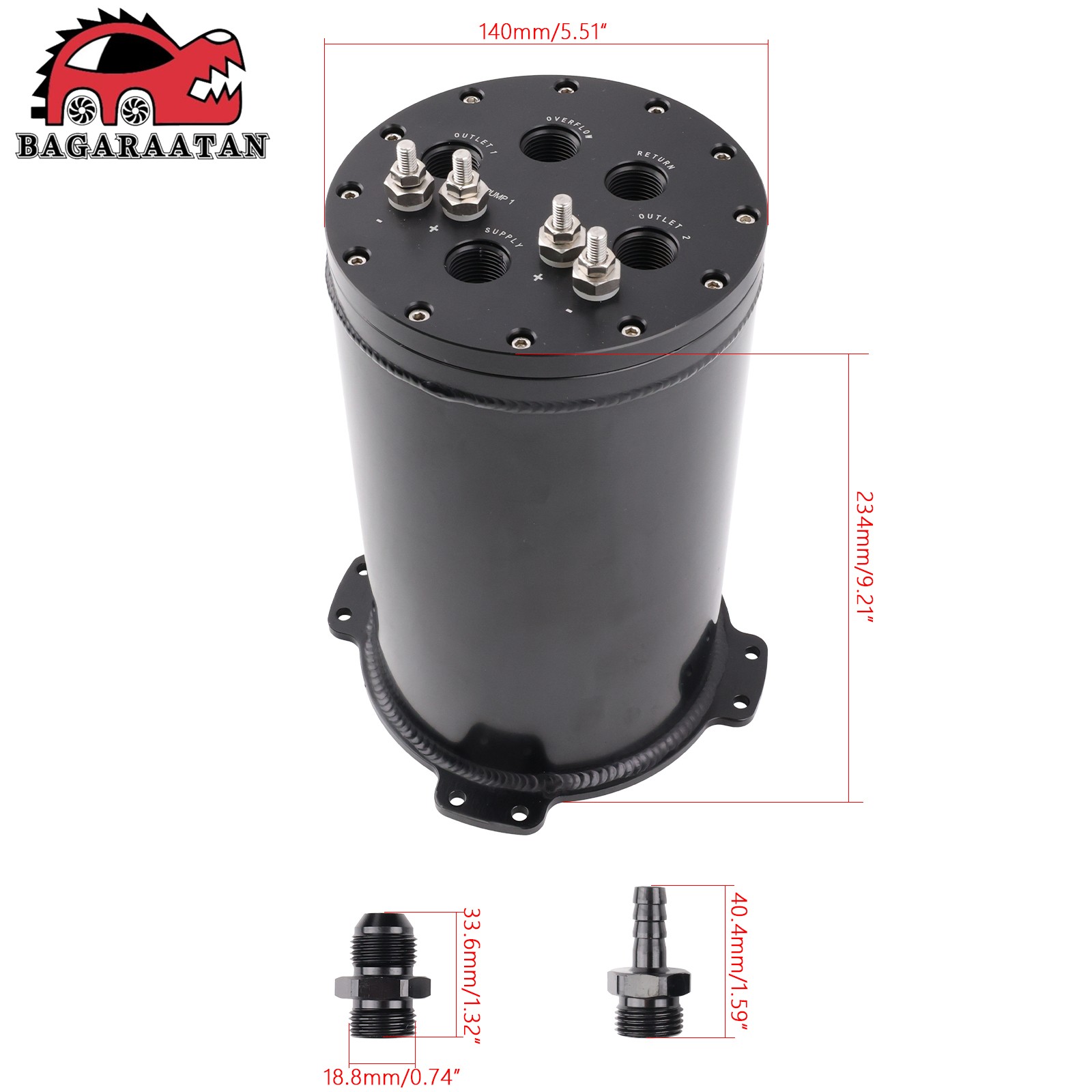 ALUMINUM 2.8L Fuel Surge Tank For Single OR 2.6L Dual 39-40mm Pumps 8AN Ports US
