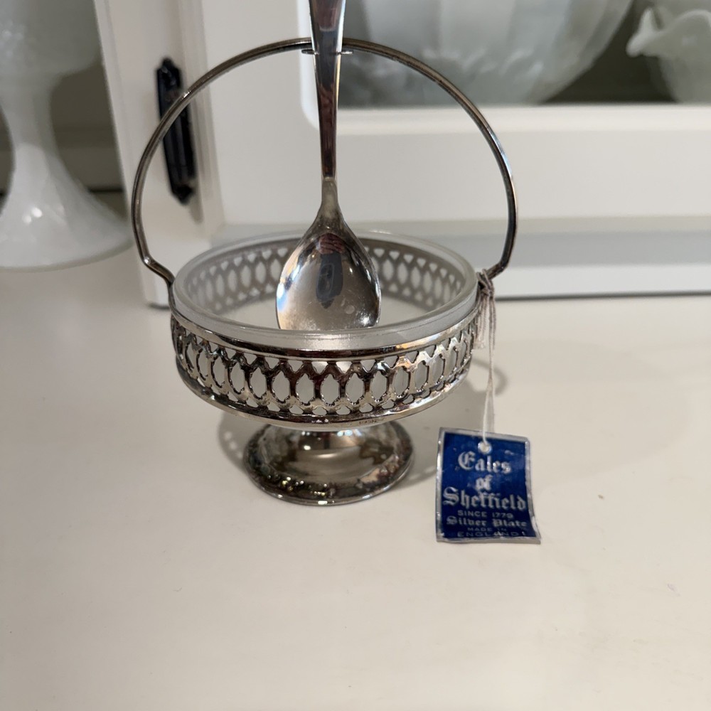 Tales of Sheffield Glass Compote Dish in Silverplate Filigree Stand - England