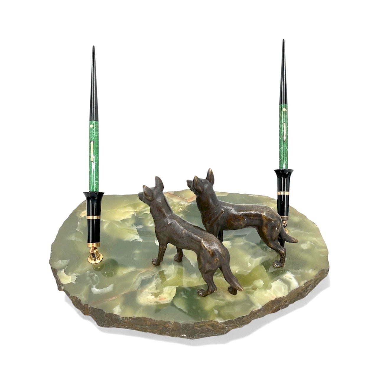 Antique circa 1929 Sheaffer Fountain Pen Desk Set Bronze German Shepherd Dogs