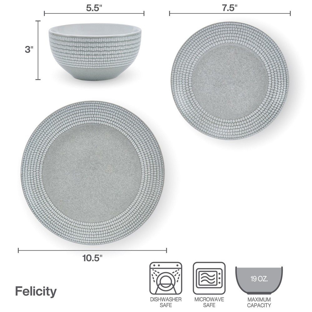 Felicity Gray Dinnerware Set 12 Piece Stoneware Ceramic Kitchen Set