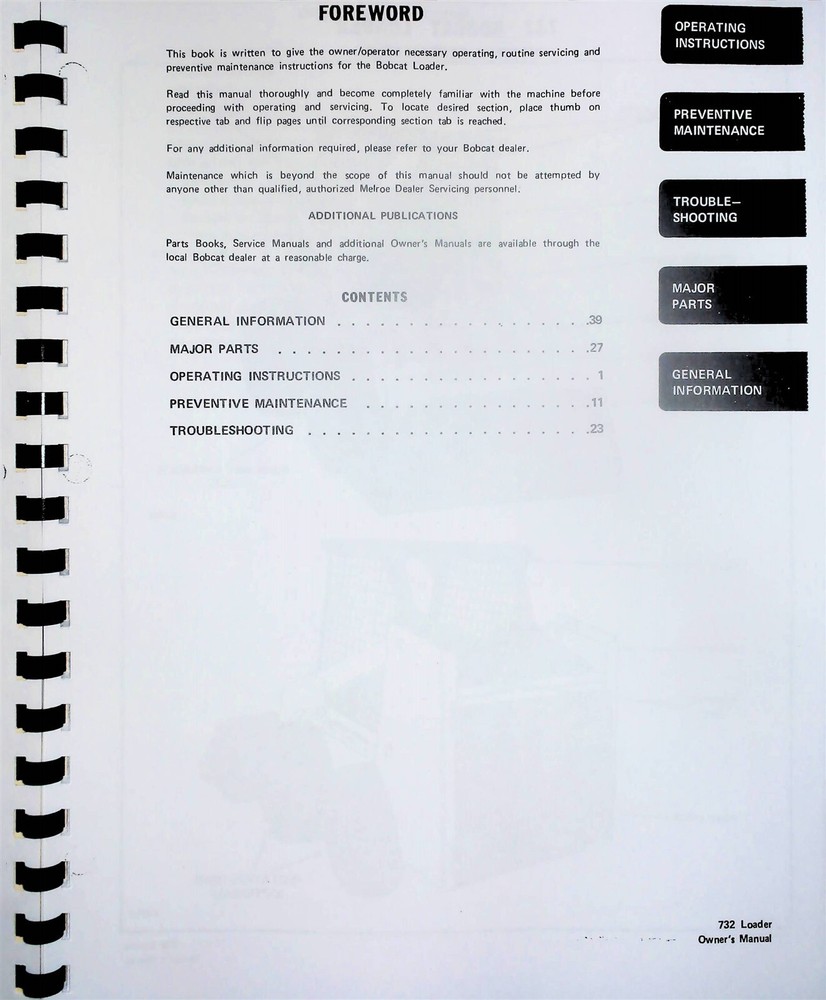 Bobcat 732 Skid Steer Loader Operators Owners Manual