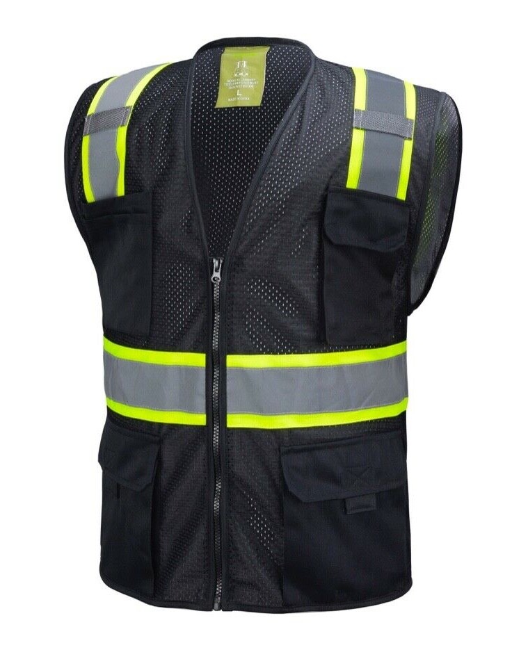 Black Two-Tone Safety Vest with Multi-Pocket Tool Storage