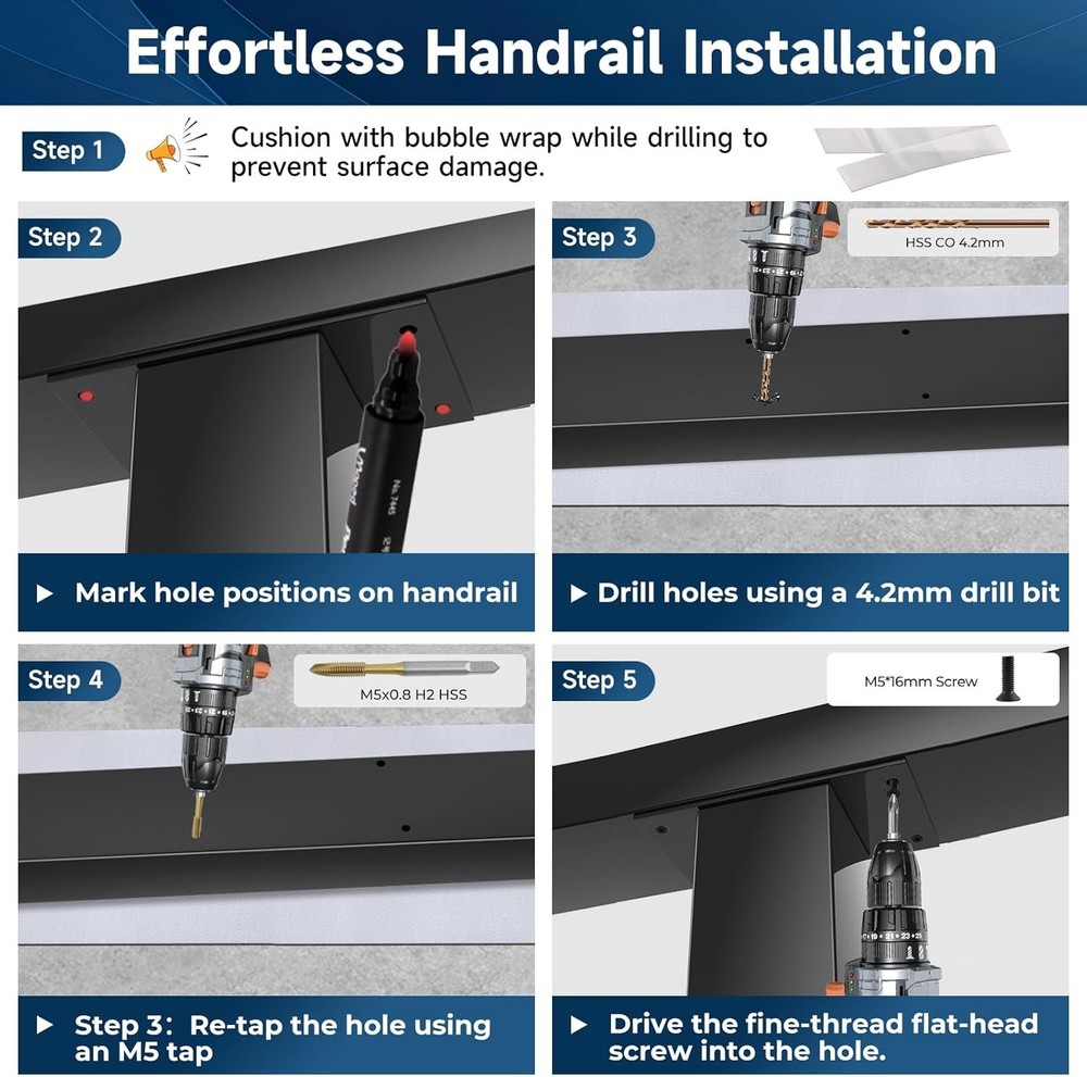 8FT Stainless Steel T304 Black Handrail, 2 Pack Rectangular Cuttable Handrail