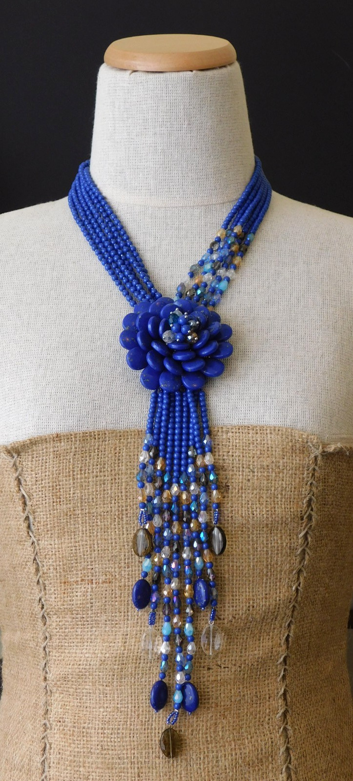 Vintage JOAN RIVERS Indigo Blue Starlet Floral Bead Statement Necklace