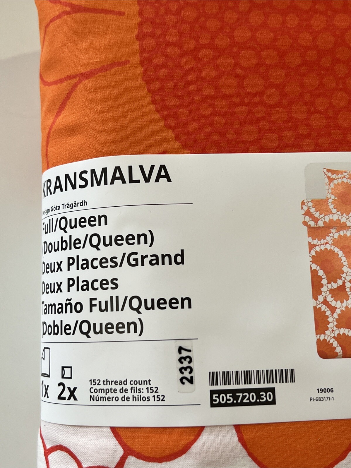 New IKEA KRANSMALVA Full Queen Duvet Cover + 2 Pillowcases Orange White Floral