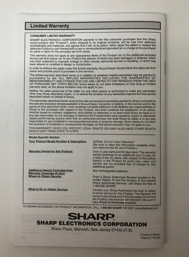 Sharp Color Televison Model #20F640 Manual
