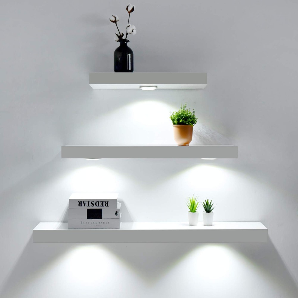 White Floating Shelf with Touch-Sensing Battery Powered LED Light,Wall Mounte...