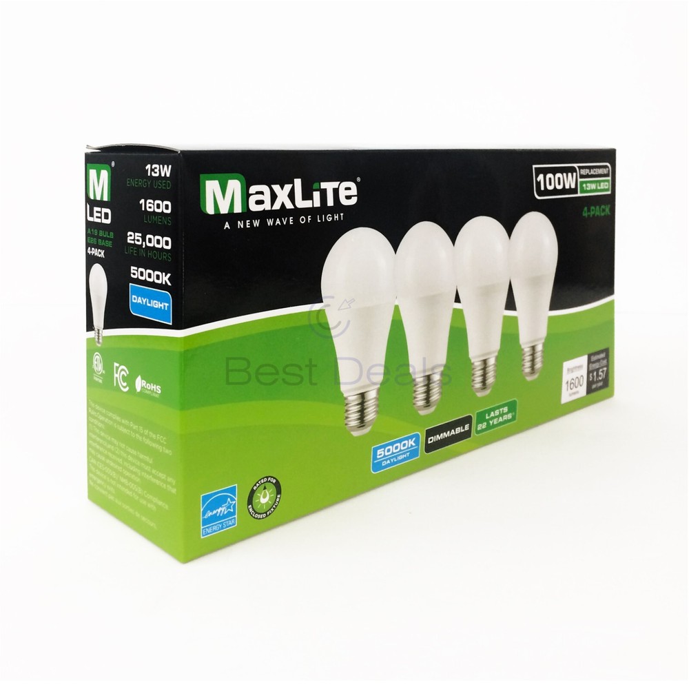 96 PACK Maxlite Dimmable LED 13W Daylight Light Bulb A19 100W replacement 5000K