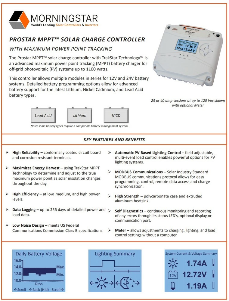 Morningstar PS-MPPT-25M ProStar Charge Controller 25A