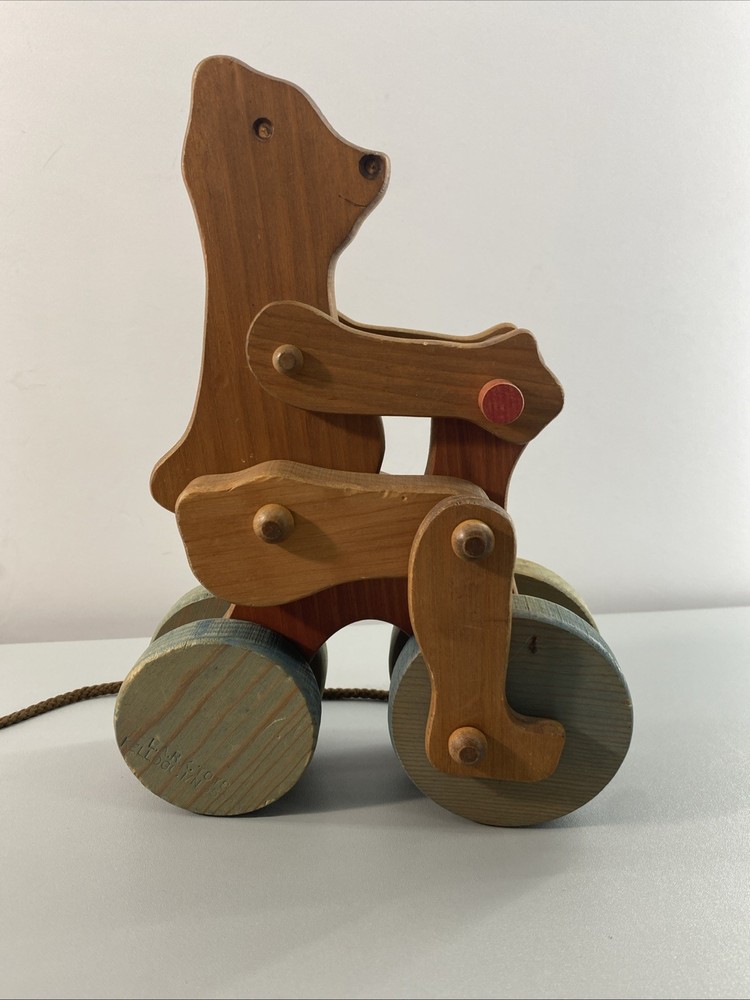 Vintage Wooden Bear Pull Toy String 10x7x4” Clacker Decor MCM