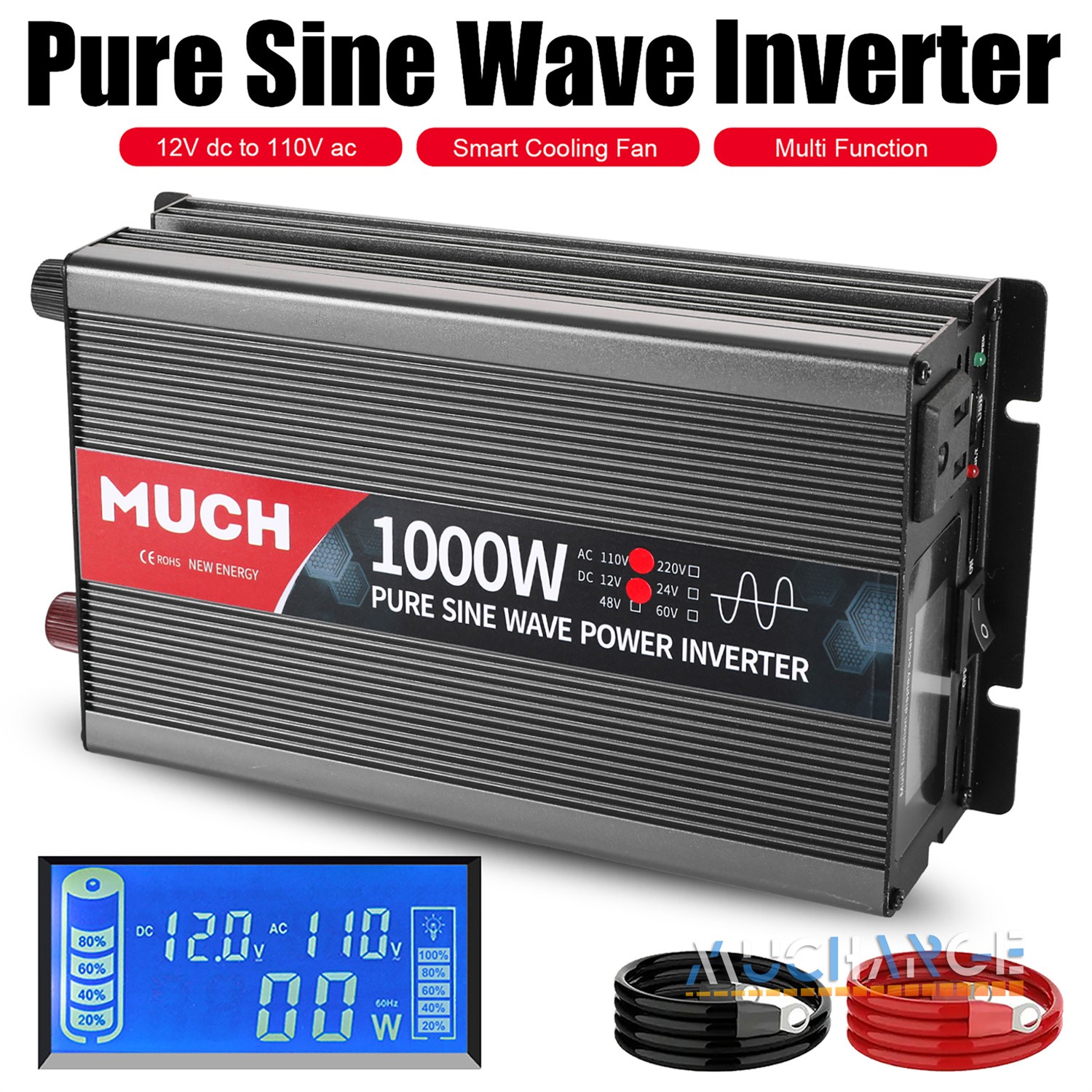2000W 3000W 4000W Pure Sine Wave Power Inverters, DC 12V 24V to AC 110V 120V LCD
