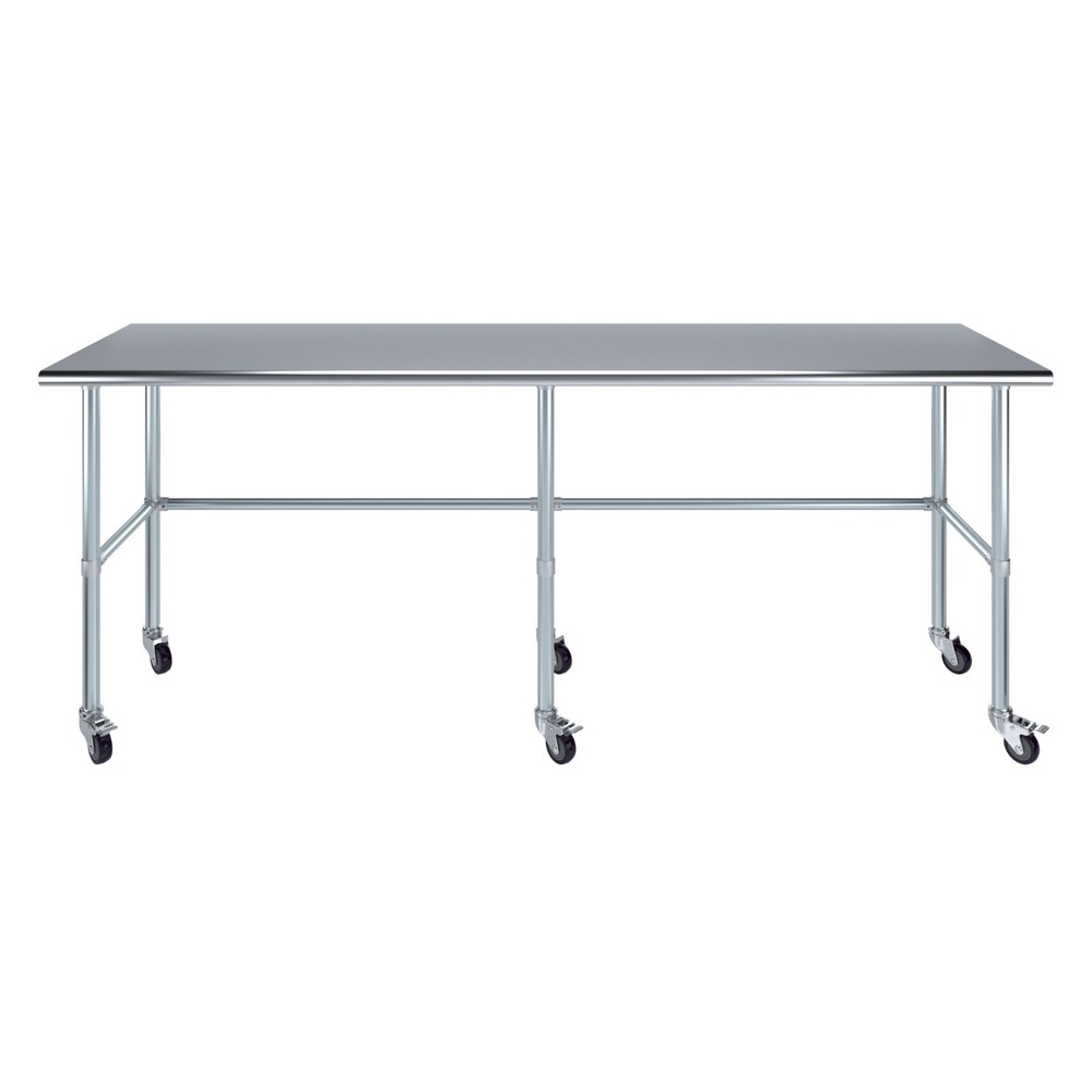 24 in. x 96 in. Stainless Steel Work Table Open Base & Wheels | Mobile Table