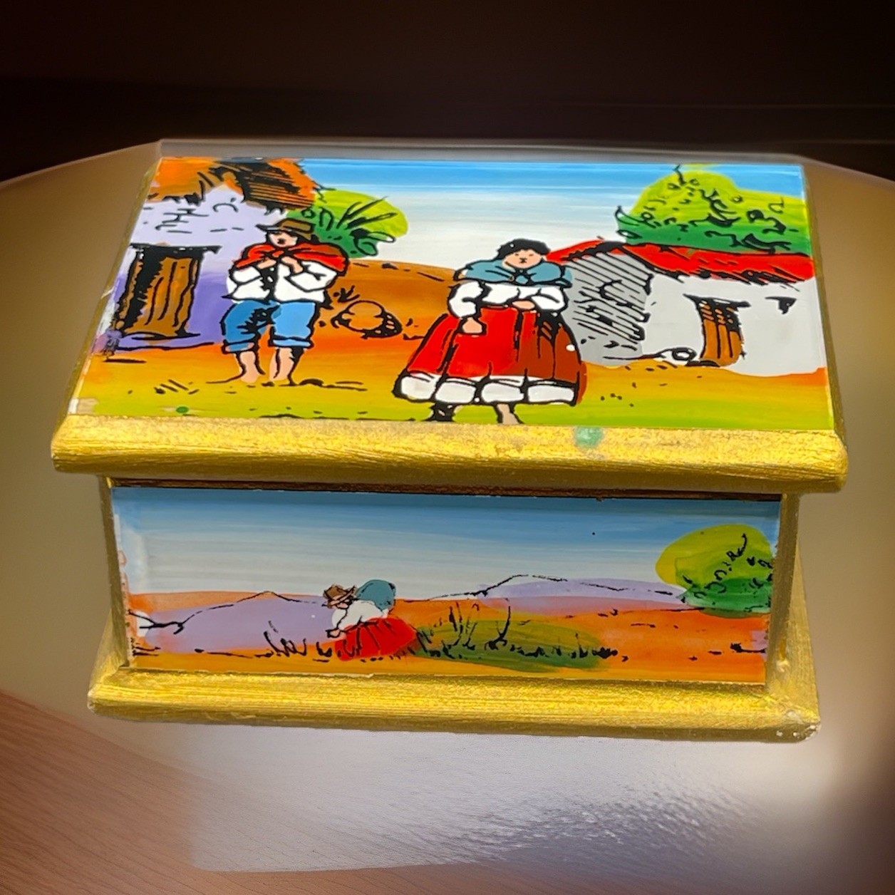 Peru Folk ART Peruvian Village Reverse Glass Painting Wooden Mini Trinket Box