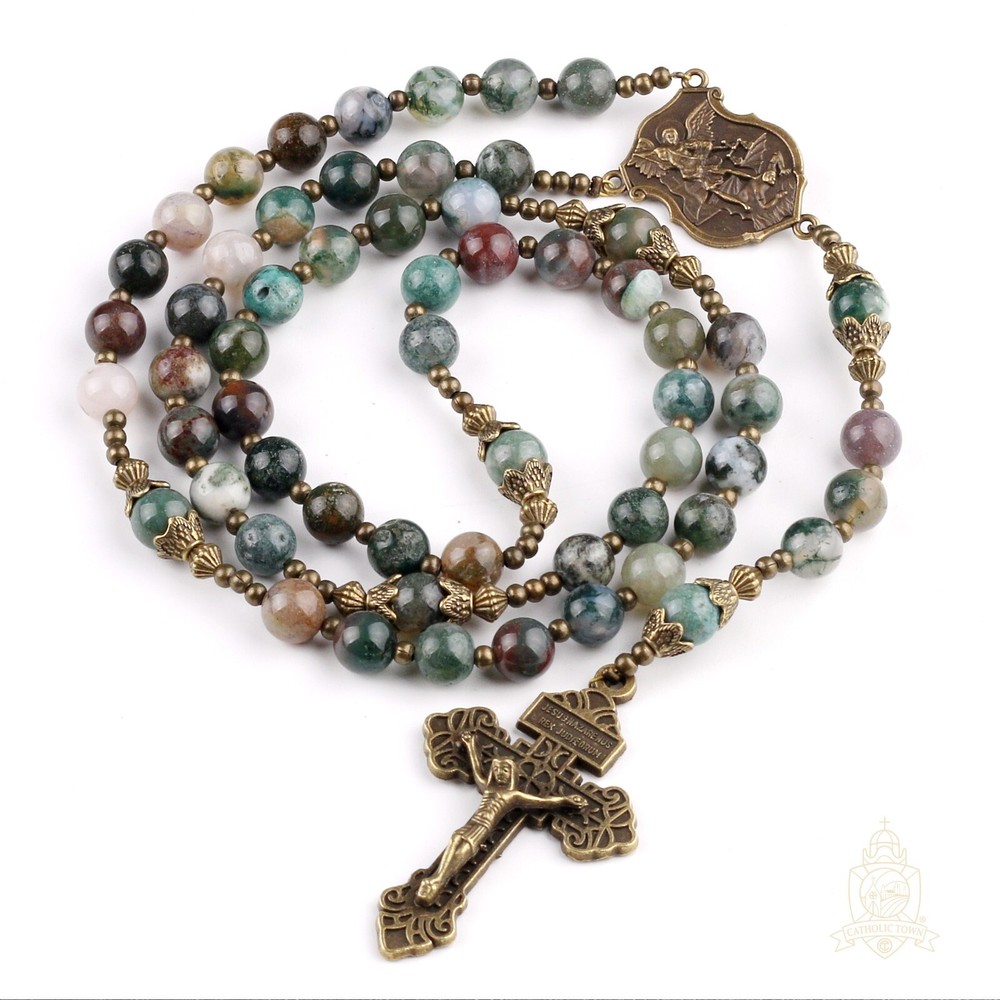 Catholic Town India Agate Natural Stone Beads, Rosary with Caps St Michael medal