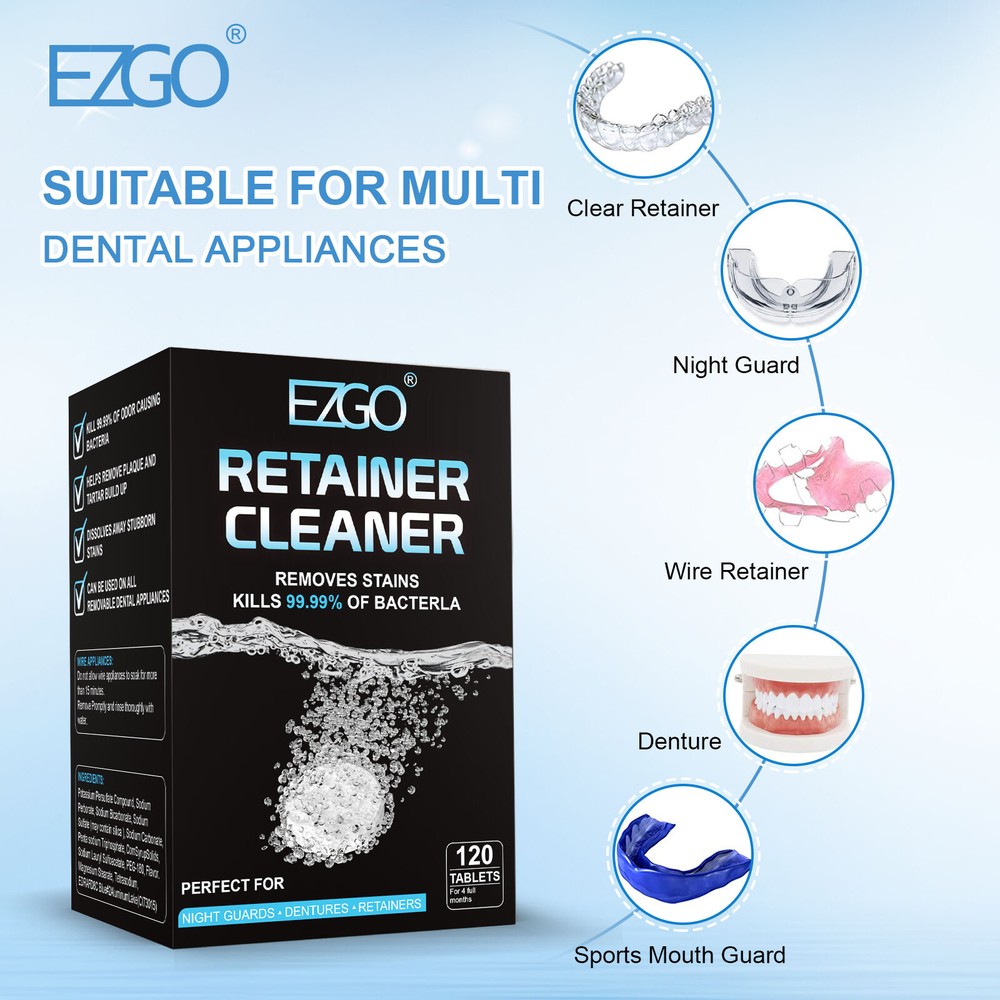EZGO Denture & Retainer Cleaner Tablets Minty Plaque Remover Tablets 120 Count