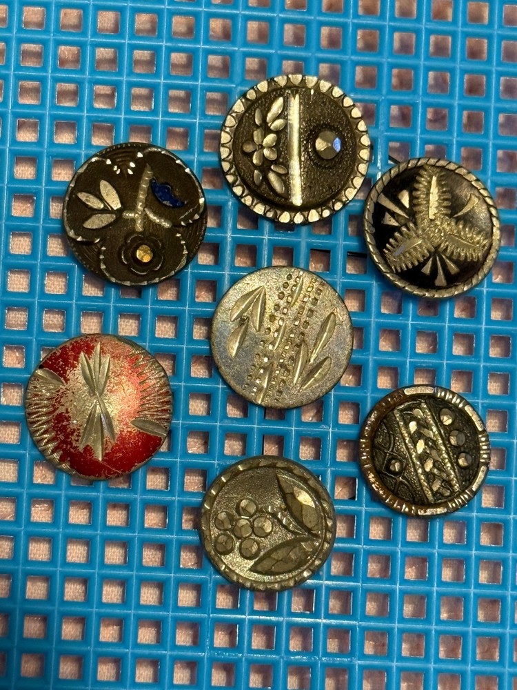 7 Antique etched Pewter small Buttons