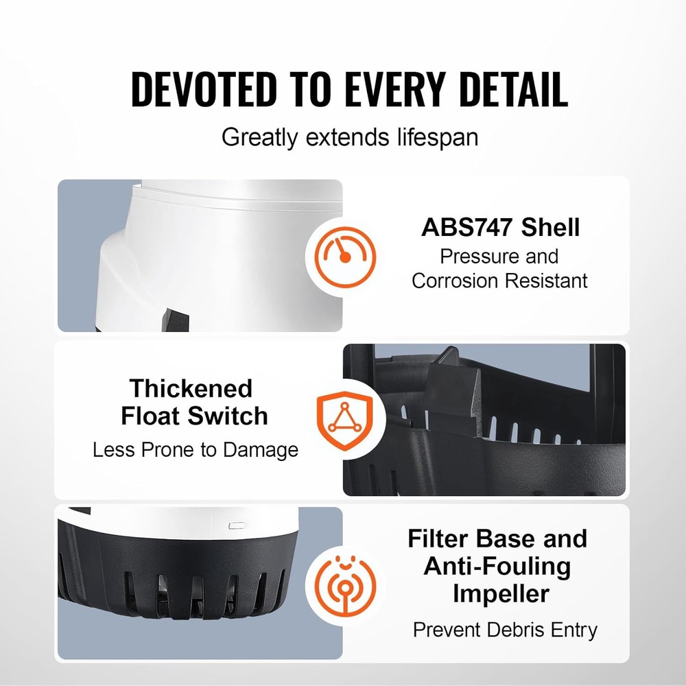 Bilge Pump, 1100GPH 12V Automatic Submersible with Float Switch for Boats/Pools