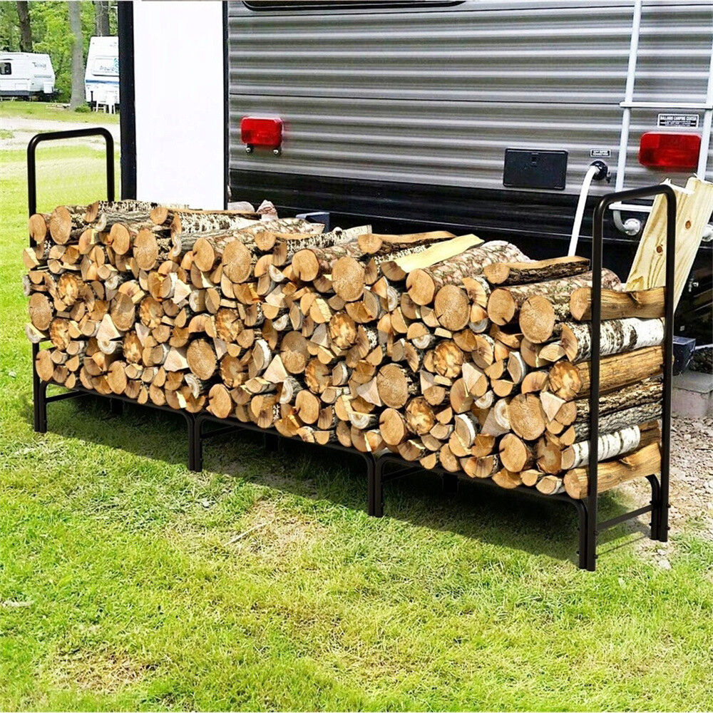 12ft Heavy Duty Outdoor Firewood Rack Fireplace Wood Log Holder Adjustable Steel