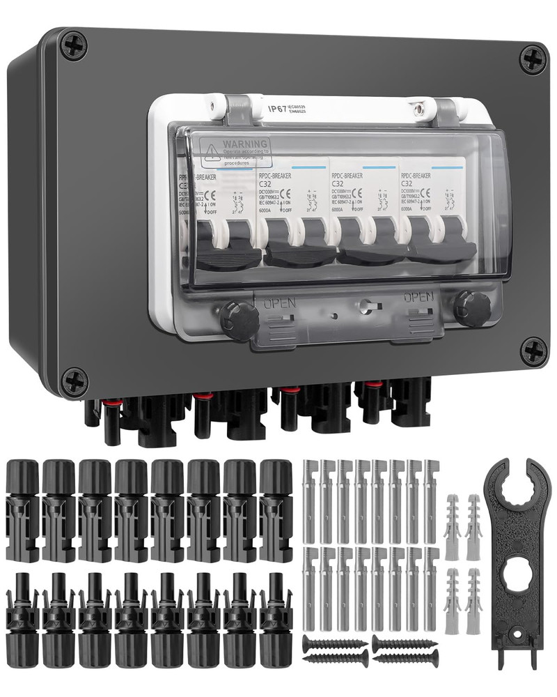 Solar Panel Disconnect Switch 4 String 32 Amp DC Circuit Breaker Box, Waterproof