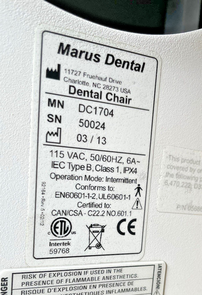 Marus DC1704 Dental Chair w/ DCI Fixed Post Mount Light & Assistant Delivery Pkg