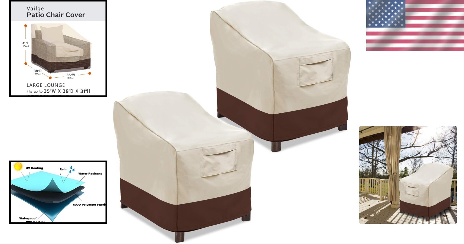 Waterproof Heavy-Duty Patio Chair Covers 2 Pack - Beige & Brown Large Size