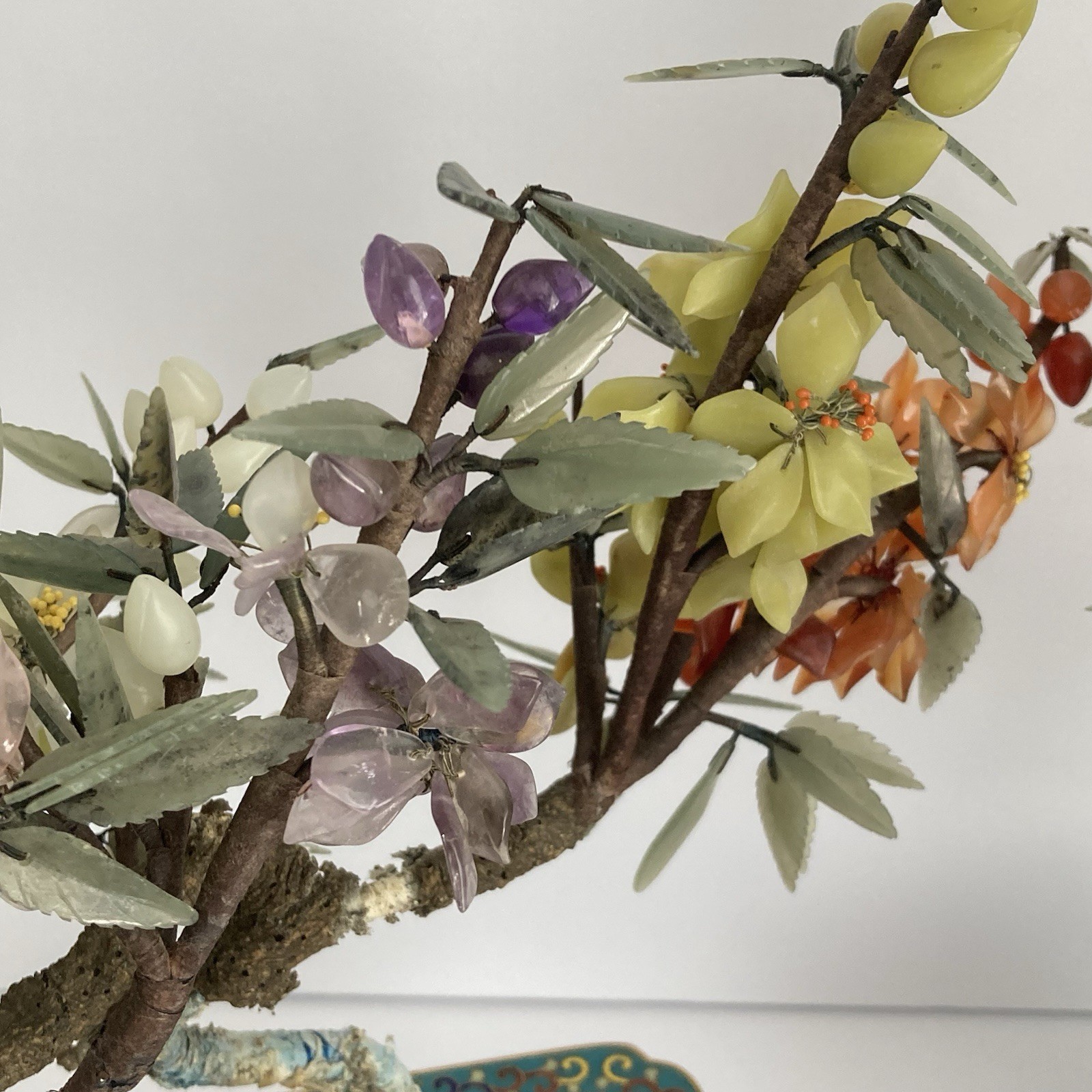 Pair Antique Chinese Jade Bonsai Tree in Cloisonne Pot w Amethyst Carnelian VTG