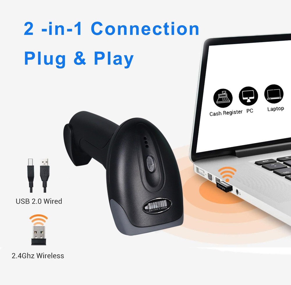 1D 2D QR Barcode Scanner Wireless Handheld Cordless Bar Codes Reader with 200...