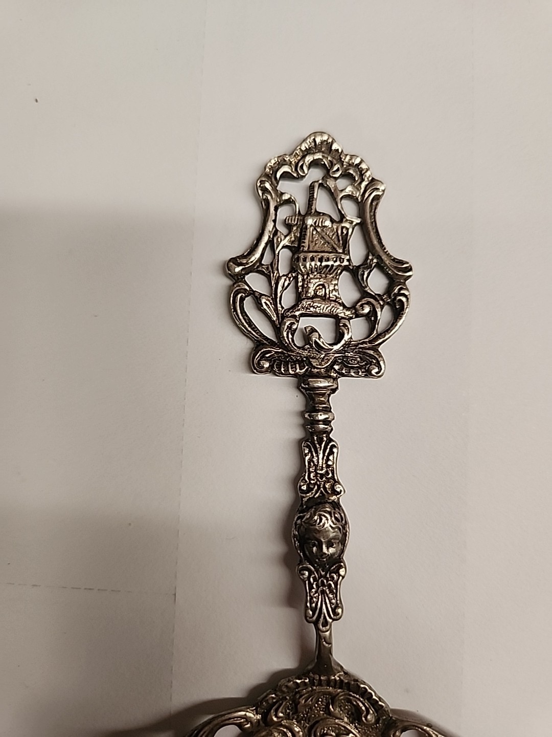 Antique Dutch Silver Tea Strainer / Spoon - Windmill & Ship Finial - 30.74g , 6"