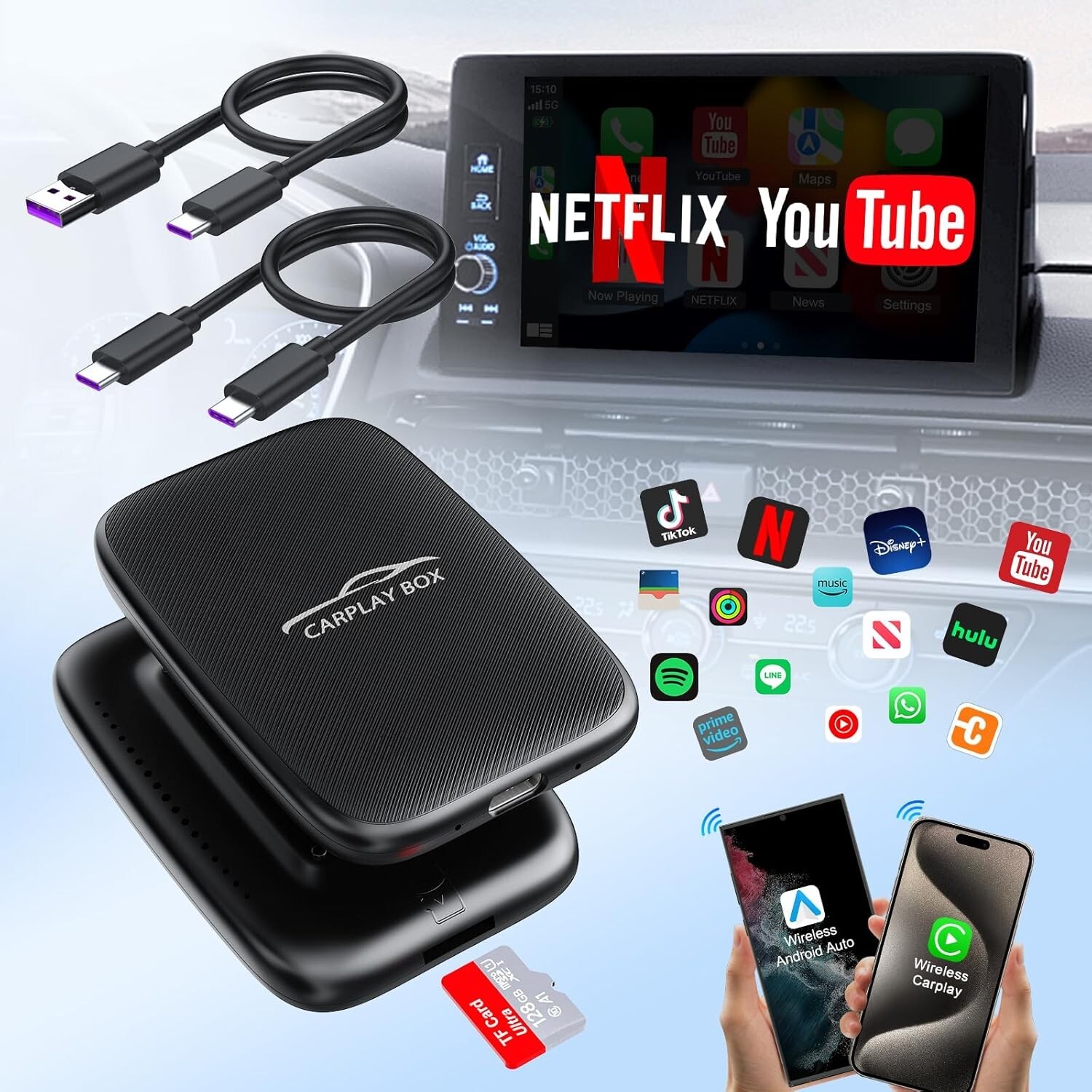 3 in 1 Wireless Carplay Adapter, Wireless Carplay and Android Auto Adapter Netfl