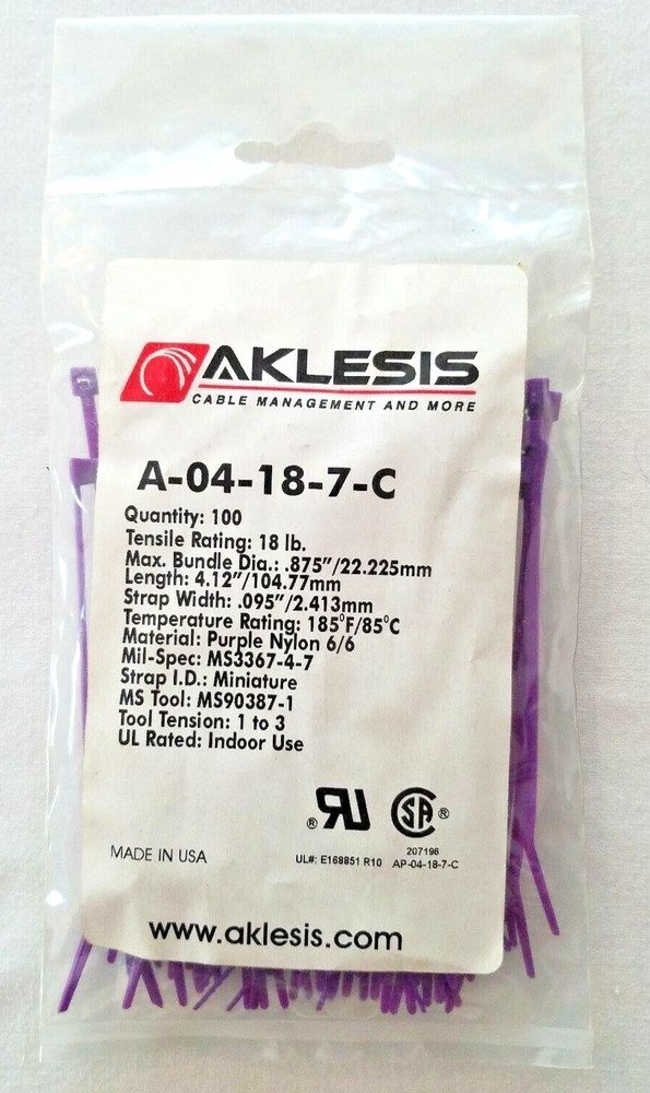 Zip Ties 4” Purple, 18 LB. - Quantity 200