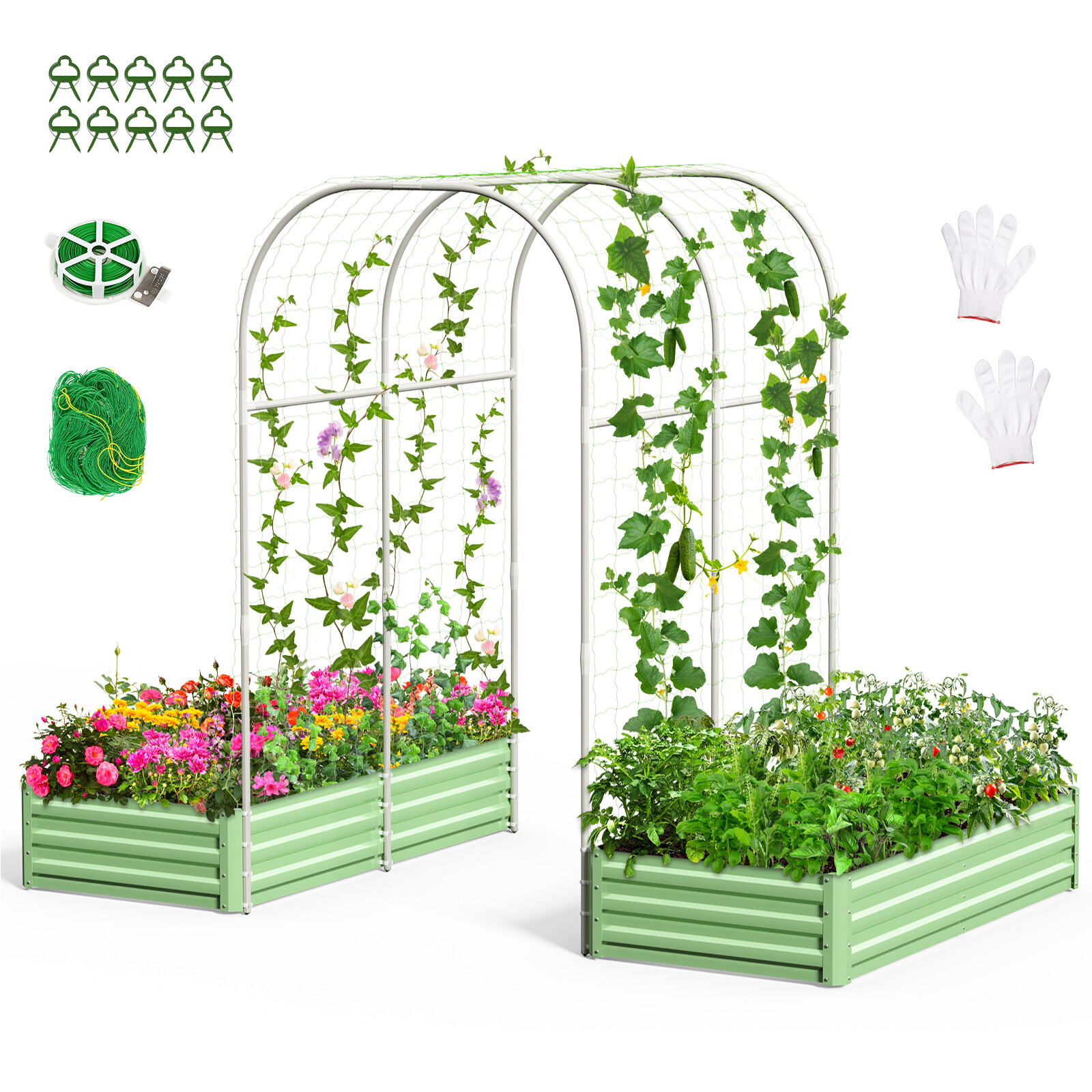 SLSY Galvanized Raised Garden Bed with 85in Tall Garden Trellis for Vegetables