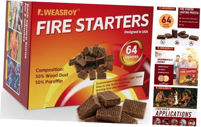 Fire Starter Squares 64 - Fire Starters for Fireplace,Chimney,BBQ