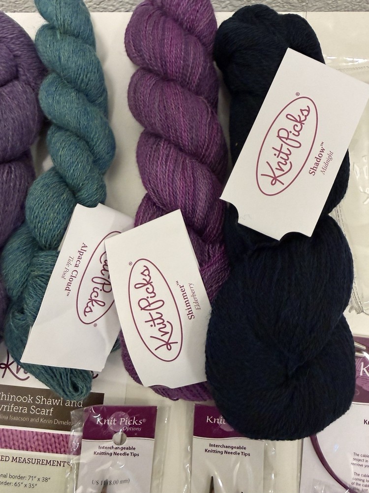Knit Picks Yarn Lot + Interchangeable Needles US 8 Tips Cables Shawl Kit Bundle