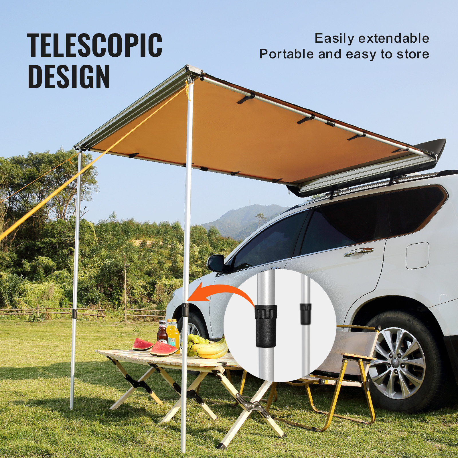 VEVOR Vehicle Awning 6.6' x 8.2' Shade Coverage Car Side Awning PU3000 mm UV50+