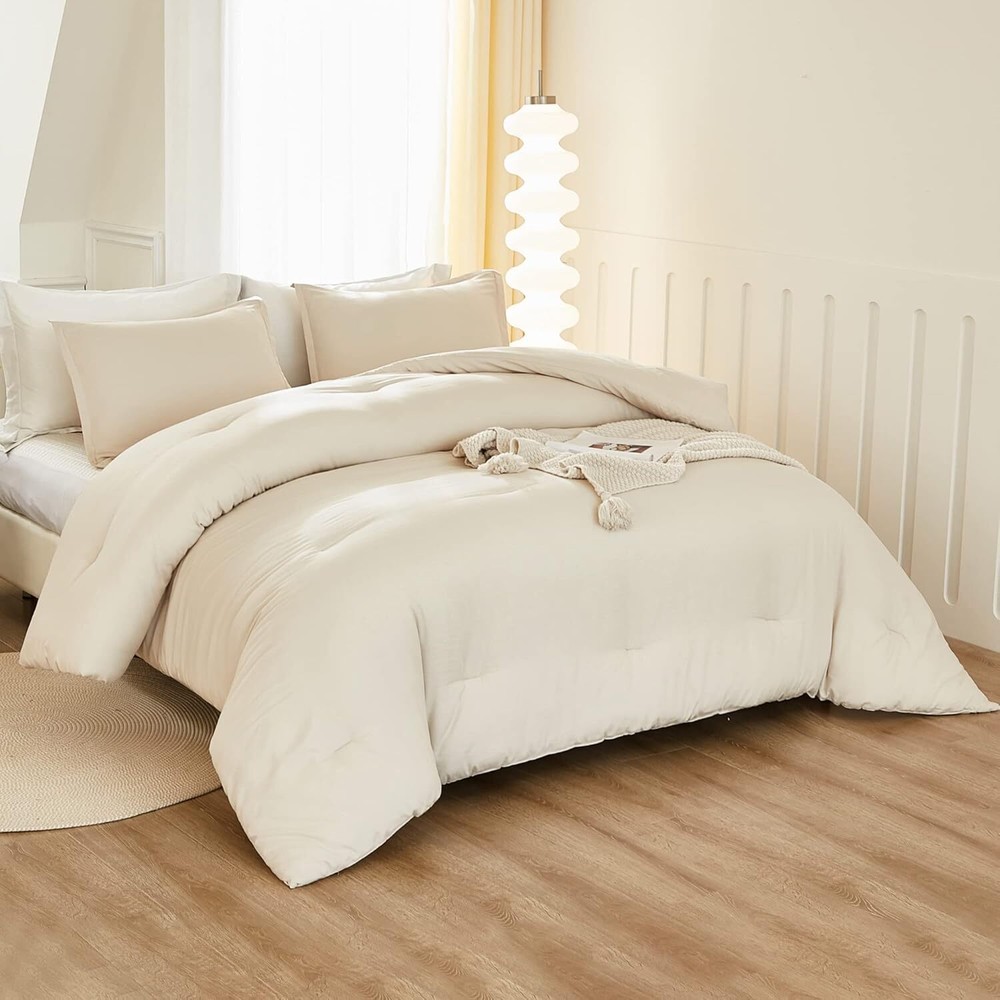King Size Beige Comforter, 3-Piece Lightweight Bedding Comforter Set