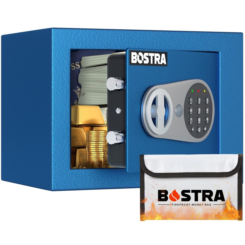 Botsa Fireproof Safe Box with Sensor Light Digital Keypad, Blue (6.6"x9"x6.5")