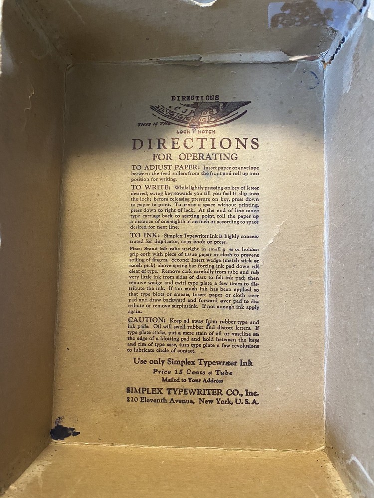 Antique Simplex Special Demonstrated Model B Typewriter Original Box