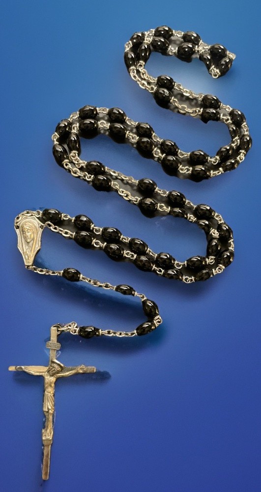 Catholic Black Milk Glass 5 Decade Rosary, Silver Tone Crucifix