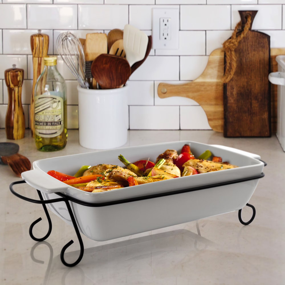 Gibson Elite 2pc Rectangular Stoneware Bakeware Set w Metal Rack Oven Safe