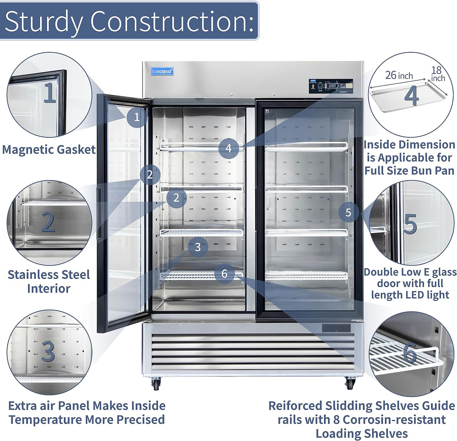 54" Commercial Glass Door Refrigerator, 2 Door Reach-In Merchandiser 49 Cu.ft