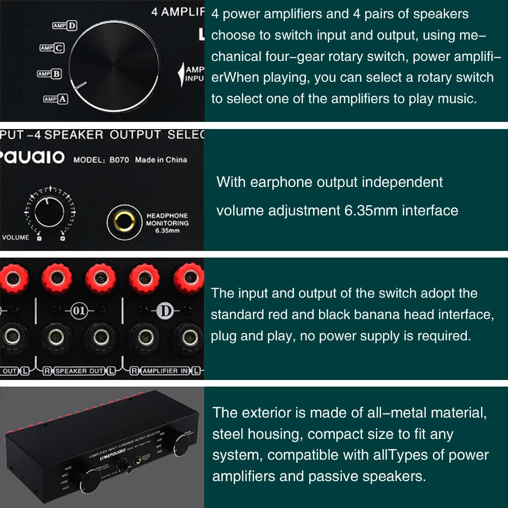 4 IN 4 OUT Power Amplifier Speaker Selector Switcher Speaker Switch
