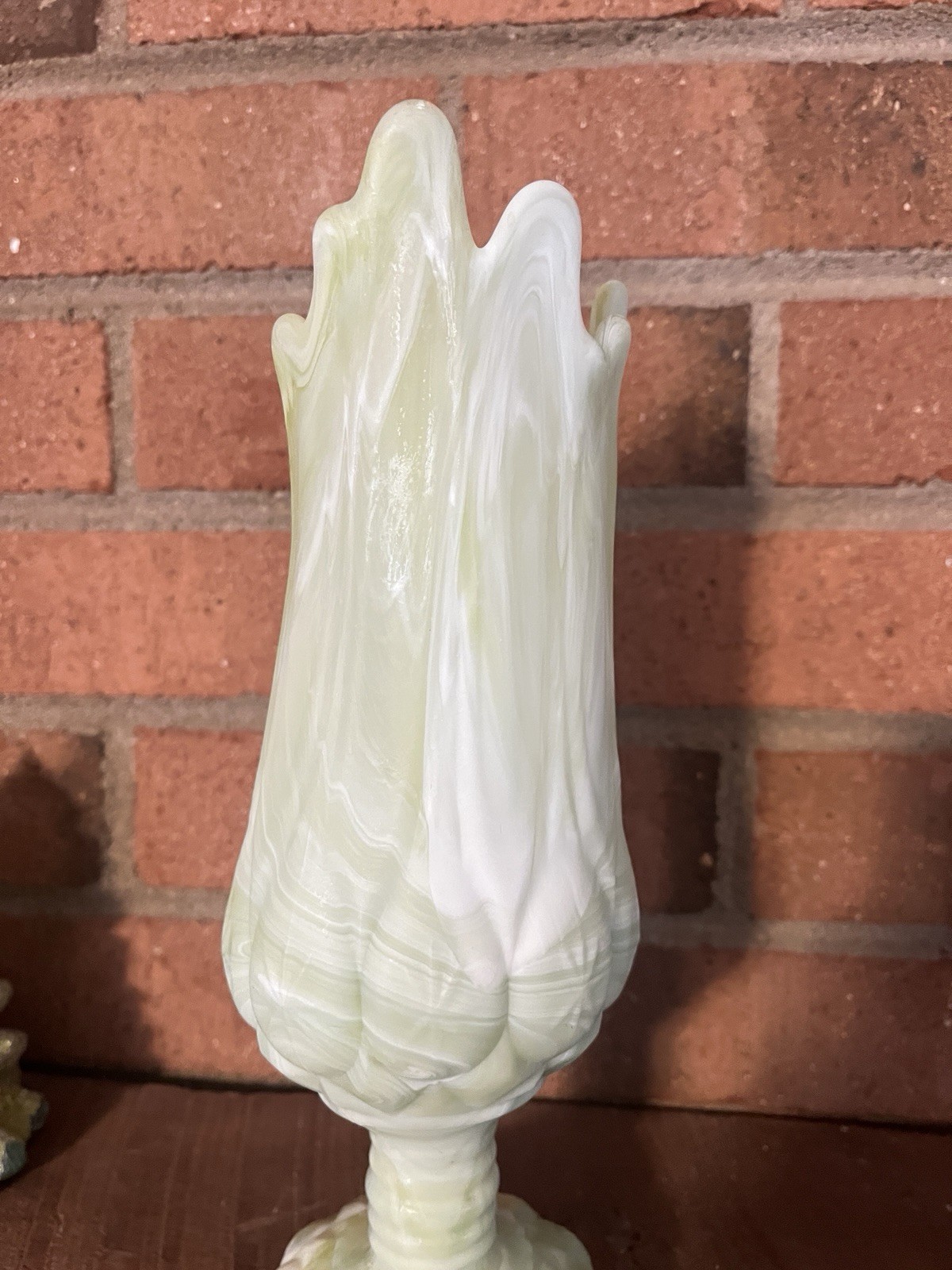 Kanawha Moon And Stars Green Slag Glass Swung Vase End Of Day ~ Rare