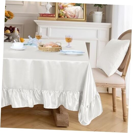 Satin Ruffle Edge Tablecloth - Satin Table 60" x 102" (Rectangular) White