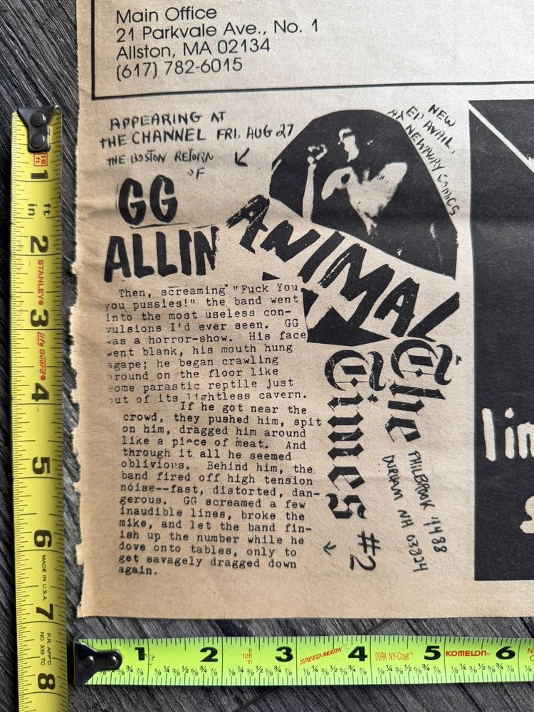 GG Allin Concert Ad Advert Boston Massachuseettes 1982 Hardcore Punk Rock