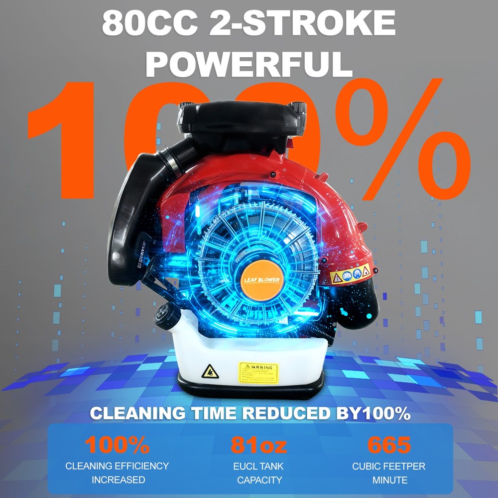 Backpack Leaf Blower Gas Powered Snow Blower 900CFM 80CC 2.3L 2-Stroke Engine