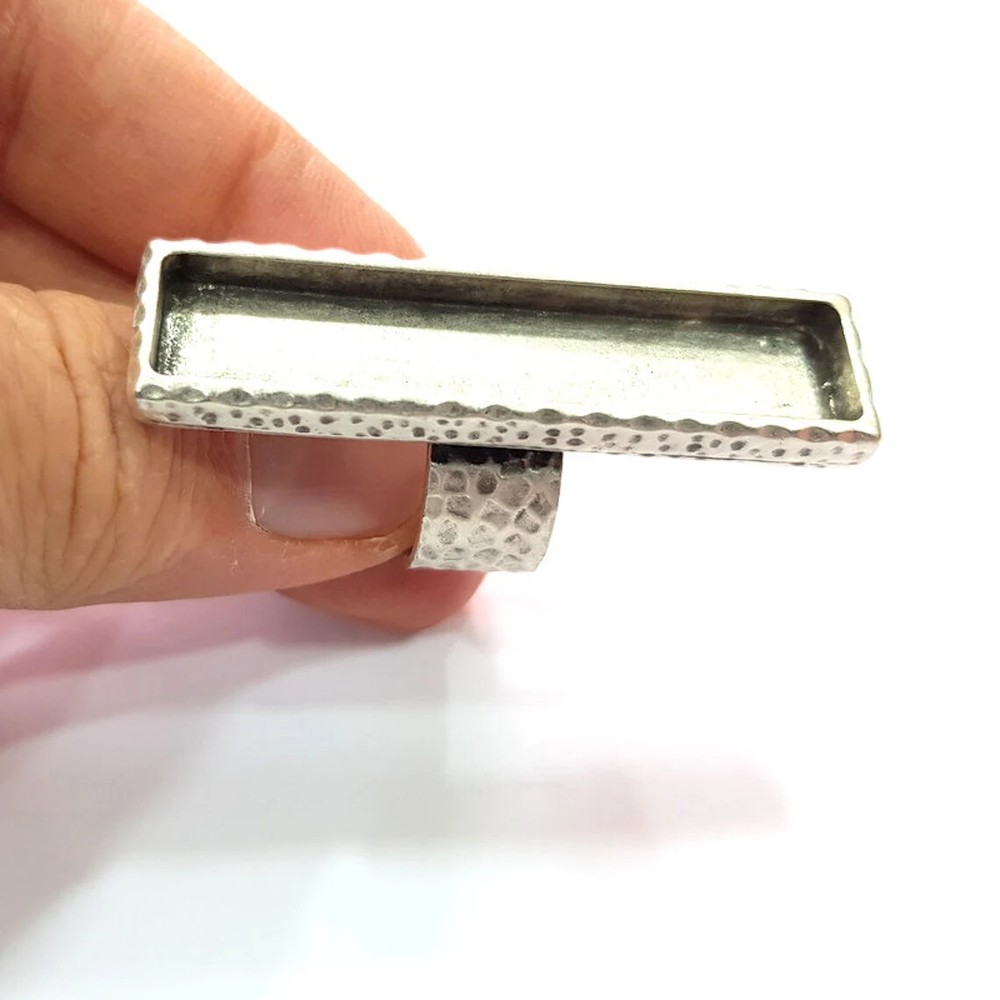 Rectangle Blank Hammered Ring Setting Base Bezel inlay Backs Cabochon Adjustable