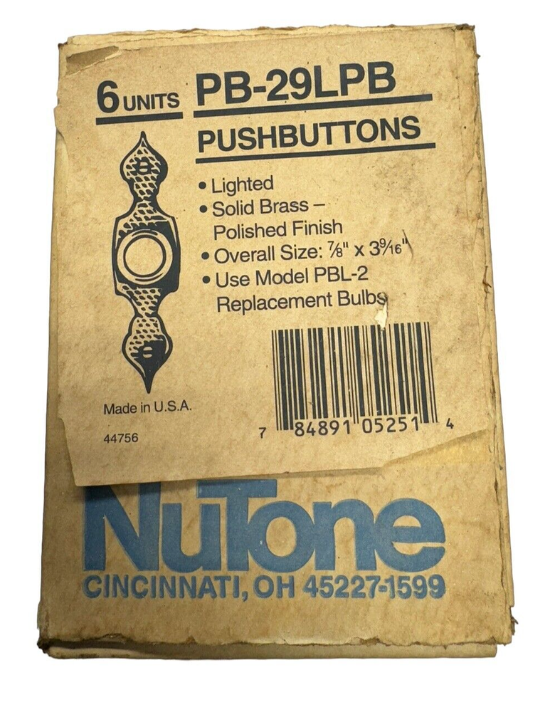 (Box of 6) NuTone PB-29LPB Pushbutton Lighted Door Bell Solid Brass Polished