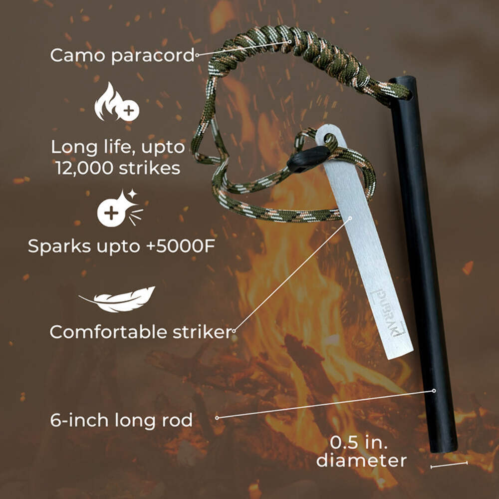 Dubrak 6 x 1/2 In Fire Starter Ferro Rod w/ Camo Paracord + Tinder Rope + Bellow
